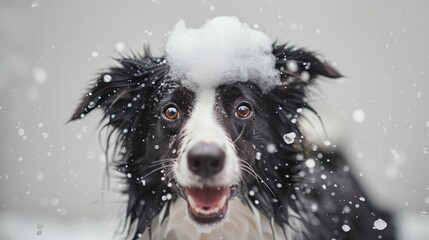 Fototapeta premium A black and white border collie dog is washing its hair with shampoo foam on its head