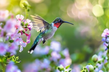 Ruby throated hummingbird hovering and feeding from pink flowers