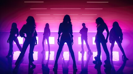 Female Kpop starts silhouette in neon lit stae background, South Korea asia k pop idols 