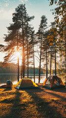 Sunset camping with tents by the lake amid forest