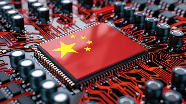 Chinese microchip with the flag of China, AI GPU parallel computing silicon wafer semiconductor industry