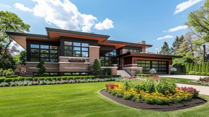 A modern suburban house with a wellmanicured lawn