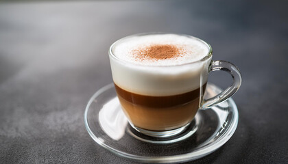 Obraz premium Glass cup of latte macchiato with frothy milk, coffee layers. Tasty hot drink on cement table.