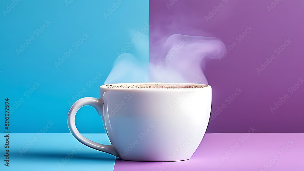 Wall mural create an image of a white coffee cup filled almost to the brim with coffee, with steam rising visib