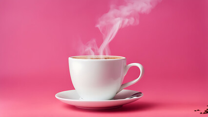 Create an image of a white coffee cup filled almost to the brim with coffee, with steam rising visibly above the cup