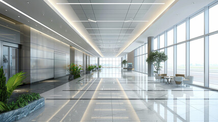 Business hall in 3D rendering, office environment with a touch of airport design,