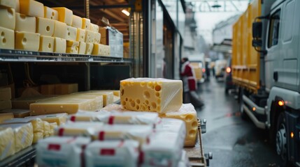 Cheese delivery to store with unloading trucks and shelves filled with cheese blocks