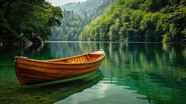 Wooden rowing boat floating on a calm green lake, surrounded by lush scenery and peaceful water