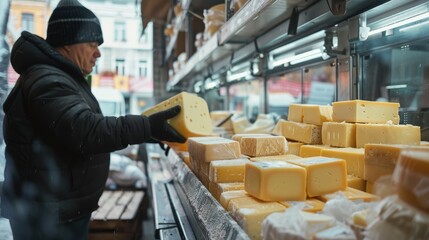 Worker unloading fresh cheese blocks at an outdoor market with a truck in the background