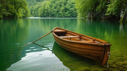 Wooden rowing boat floating on a calm green lake, surrounded by lush scenery and peaceful water