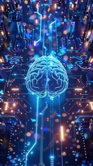 Digital brain with vibrant intricate circuitry evolving ideas