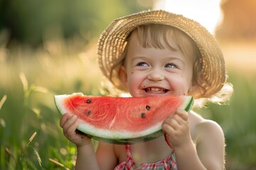 Cheerful child in straw hat delights in watermelon outdoors with messy juice face