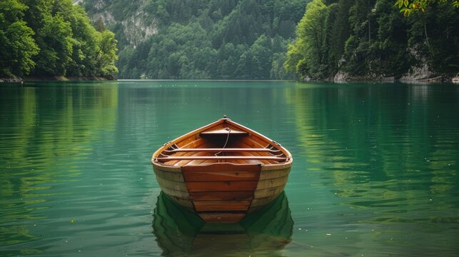 Wooden rowing boat floating on a calm green lake, surrounded by lush scenery and peaceful water