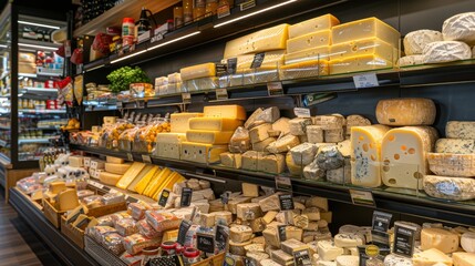 Variety of cheese on display in supermarket with well-organized shelves