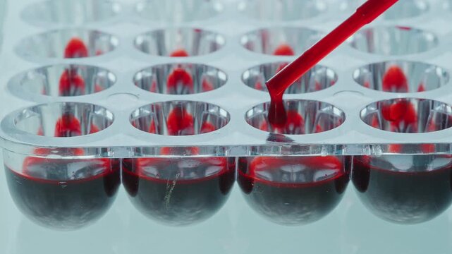 Adding blood specimens with pipette to wells of microplate for medical testing in laboratory. Extreme close-up shot