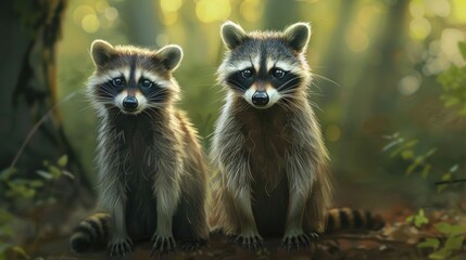Fototapeta premium Two Curious Raccoons in a Sunlit Forest