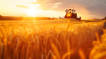 Fototapeta premium A tractor harvesting wheat in a golden field during a stunning sunset, creating a warm and serene agricultural scene.