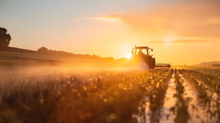 A tractor harvesting crops in a field at sunrise, with the golden light illuminating the misty landscape.