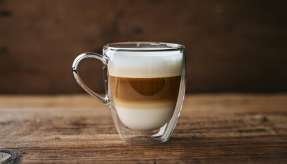 Latte macchiato in glass cup, coffee and milk layers. Tasty hot drink on wooden table. Close-up