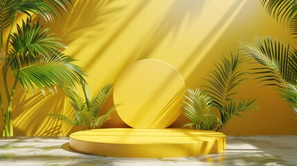 Obraz premium Yellow podium for product display, tropical background with palm leaves, minimal summer scene, 3D beauty mockup, abstract stage