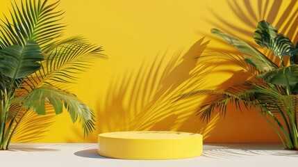 Fototapeta premium Yellow podium for product display, tropical background with palm leaves, minimal summer scene, 3D beauty mockup, abstract stage