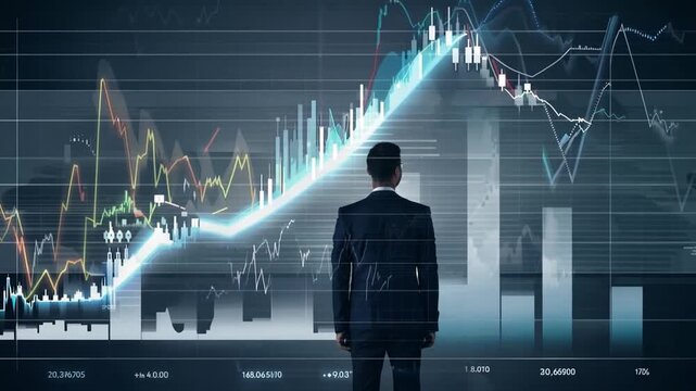 A businessman stands in front of a large screen displaying financial charts and data, a double exposure effect creating a futuristic visualization of his analysis.