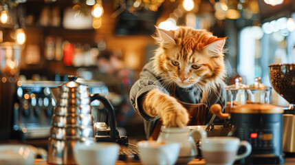 A cat is wearing a shirt and apron and is working at a coffee shop