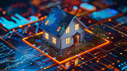 Obraz premium A unique image of a house standing atop a table, encircled by vivid financial graphs, with a cell phone nearby, highlighting the intersection of home and technology.