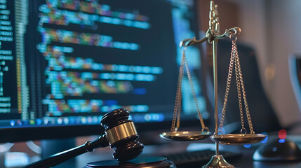 Close-Up of Gavel and Scales with Coding Background. Generative AI Illustration.