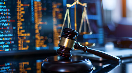 Close-Up of Gavel and Scales of Justice in Legal Setting. Generative AI Illustration.
