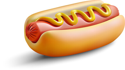A realistic 3D illustration of a hot dog with mustard on a bun, isolated on a white background. Perfect for food-related designs and advertising. Vector