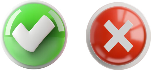 A 3D illustration of a green check mark and a red cross symbol on round buttons, isolated on a transparent background. Perfect for indicating approval and rejection in various designs.