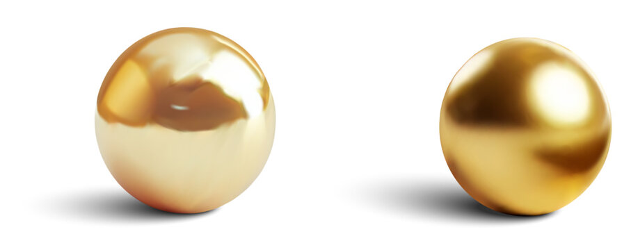 A realistic 3D illustration of two golden spheres with reflective surfaces, isolated on a white background. Ideal for designs related to luxury, decoration, and minimalism.