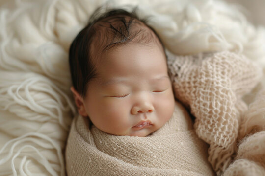 A swaddled newborn baby of Asian descent sleeping peacefully