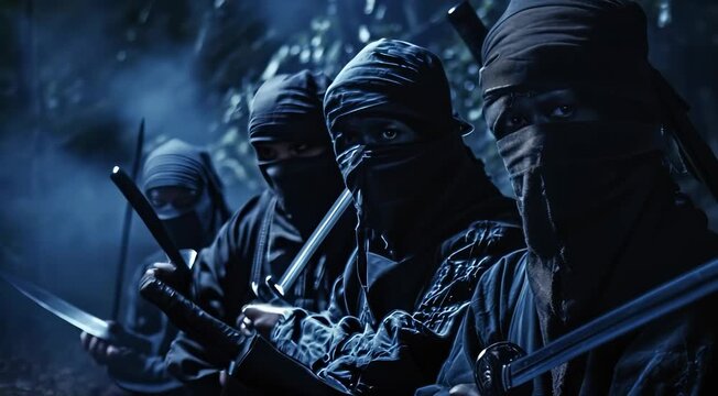 Three ninjas in a misty forest, dressed in traditional black outfits, hold katanas ready for action.