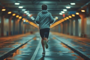 Fototapeta premium A runner in athletic wear jogs through an illuminated tunnel at night, with orange and blue lights reflecting on the wet ground, capturing the essence of urban fitness.