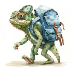 Fototapeta premium This fun cartoon character of a green Chameleon is seen walking on two legs while wearing a big blue backpack, pants, and boots, all against a white background.