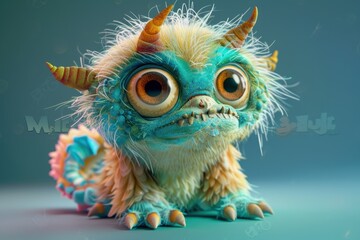 Naklejka premium Whimsical 3D cute monster character, plump and fluffy with vibrant colors, featuring expressive big eyes and a toothy grin, exuding a playful and mischievous demeanor.