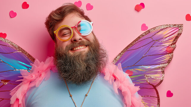 A cheerful Caucasian man dressed in colorful fairy wings and pink decorations, set against a whimsical pink background, ideal for festive occasions.