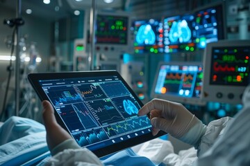 Digital healthcare  doctor uses tablet for system analysis and medical examination in surgery room