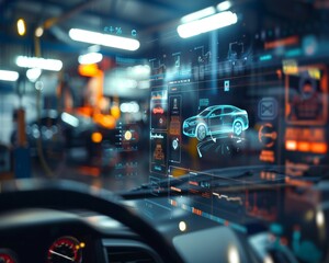 Photography shot, EV electric vehicle technology industry concept, futuristic virtual graphic touch user interface on screen with auto repair garage blurred on background.