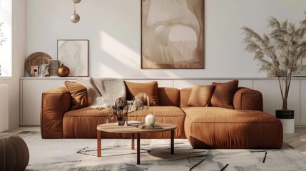 cozy living room interior with brown sofa and minimalist coffee table