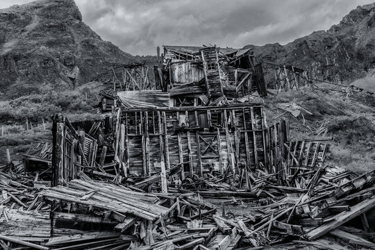 Dilapidated old wooden mining building