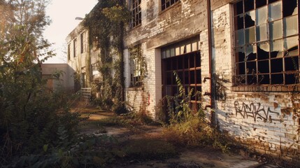 Fototapeta premium Nature reclaiming abandoned industrial building at sunset