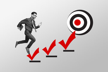 Composite artwork creative photo collage of happy excited businessman run on career ladder achieve...