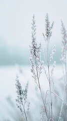 Frost-covered plants in a winter field