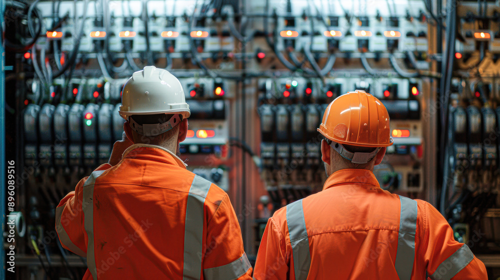 Poster Two electricians in orange and white safety with hard hats working on an electrical panel