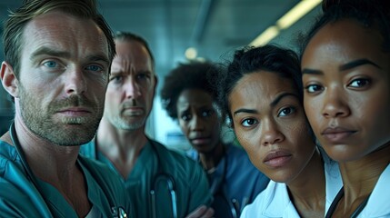 Fototapeta premium A close-up shot of a team of doctors and nurses in a hospital, strategizing patient care. Their expressions show determination and focus, highlighting the importance of teamwork in the medical field.