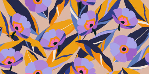 Exotic hand drawn flowers, seamless patterns with floral for fabric, textiles, clothing, wallpaper, cover, banner, home decor, abstract backgrounds. Vector illustration.