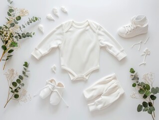 Top view mockup of elegant baby white clothing set for stylish and professional presentations